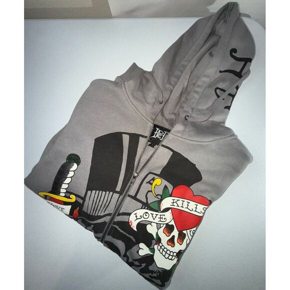 Ed Hardy Hoodie Full Zip - Men L - Love Kills Slowly Lower East Side Gray - Picture 1 of 7